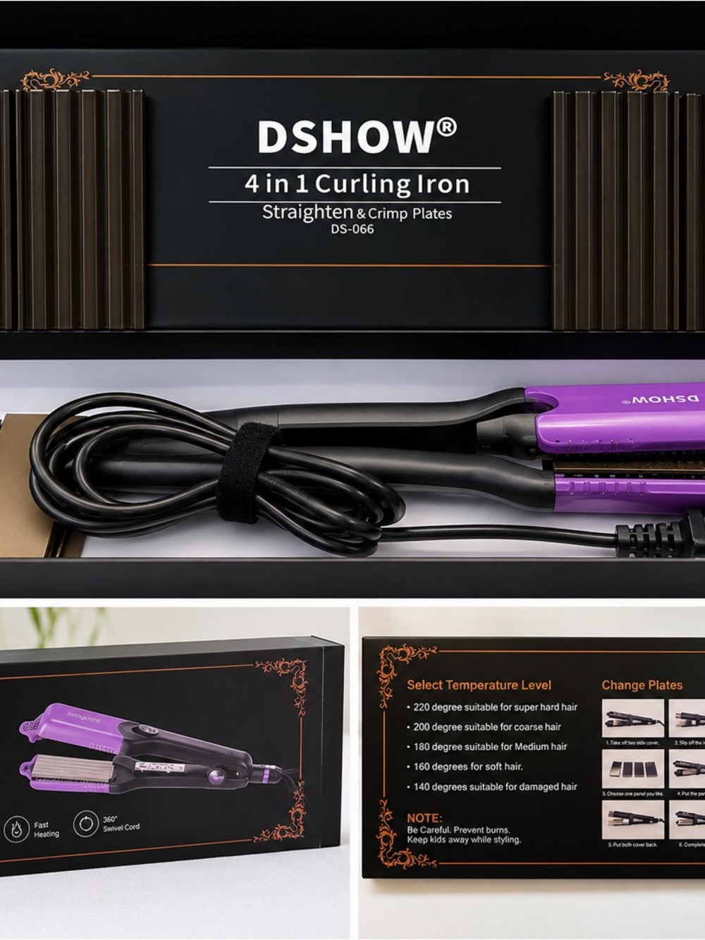 4-in-1 Purple Hair Curling & Straightening Iron
